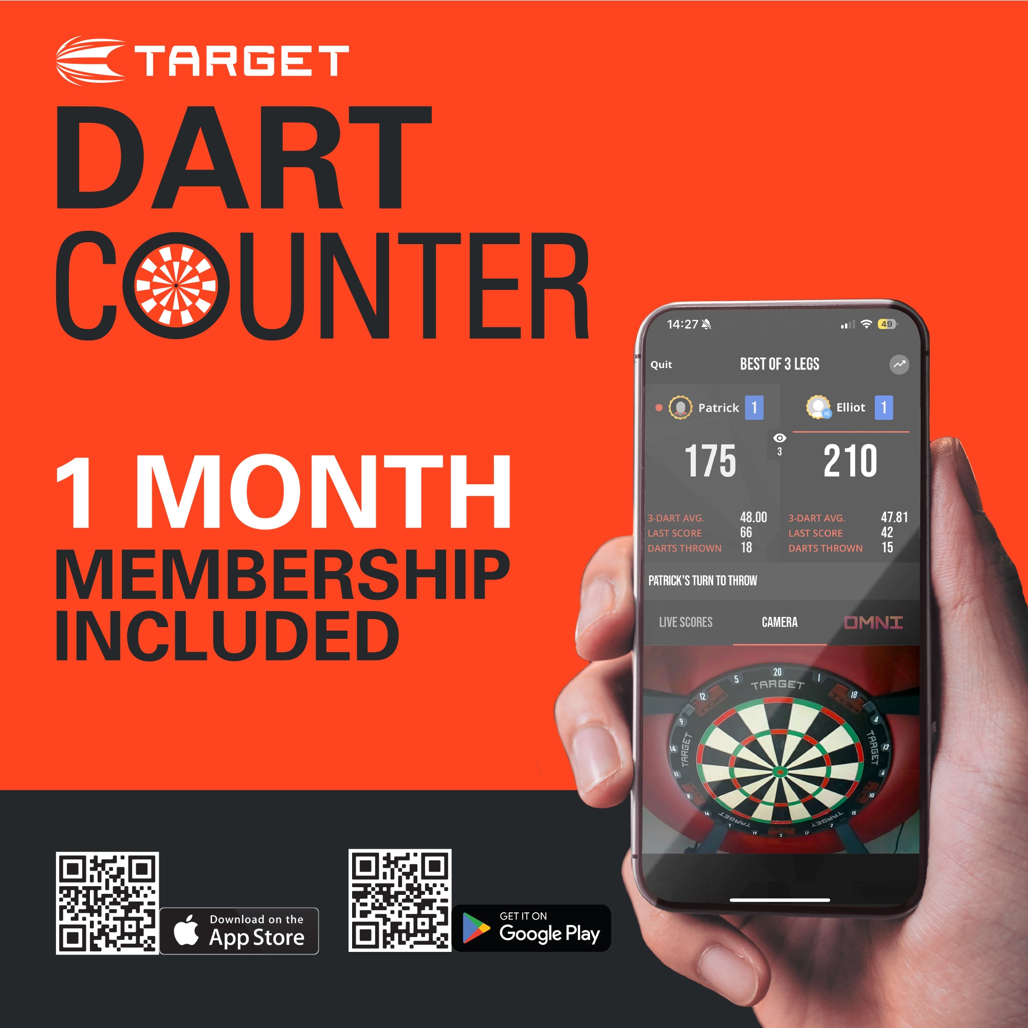 Advertisement for Target Dart Counter app with a hand holding a smartphone displaying the app on an orange background.
