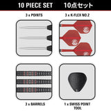 10-piece dart set with components labeled on a white background