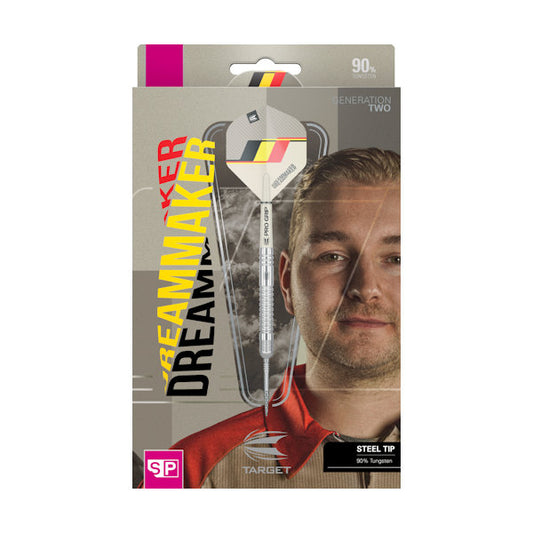 Dreammaker darts packaging with a dart and a person's face on the side.