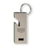 Metal dart keychain with a logo on a white background