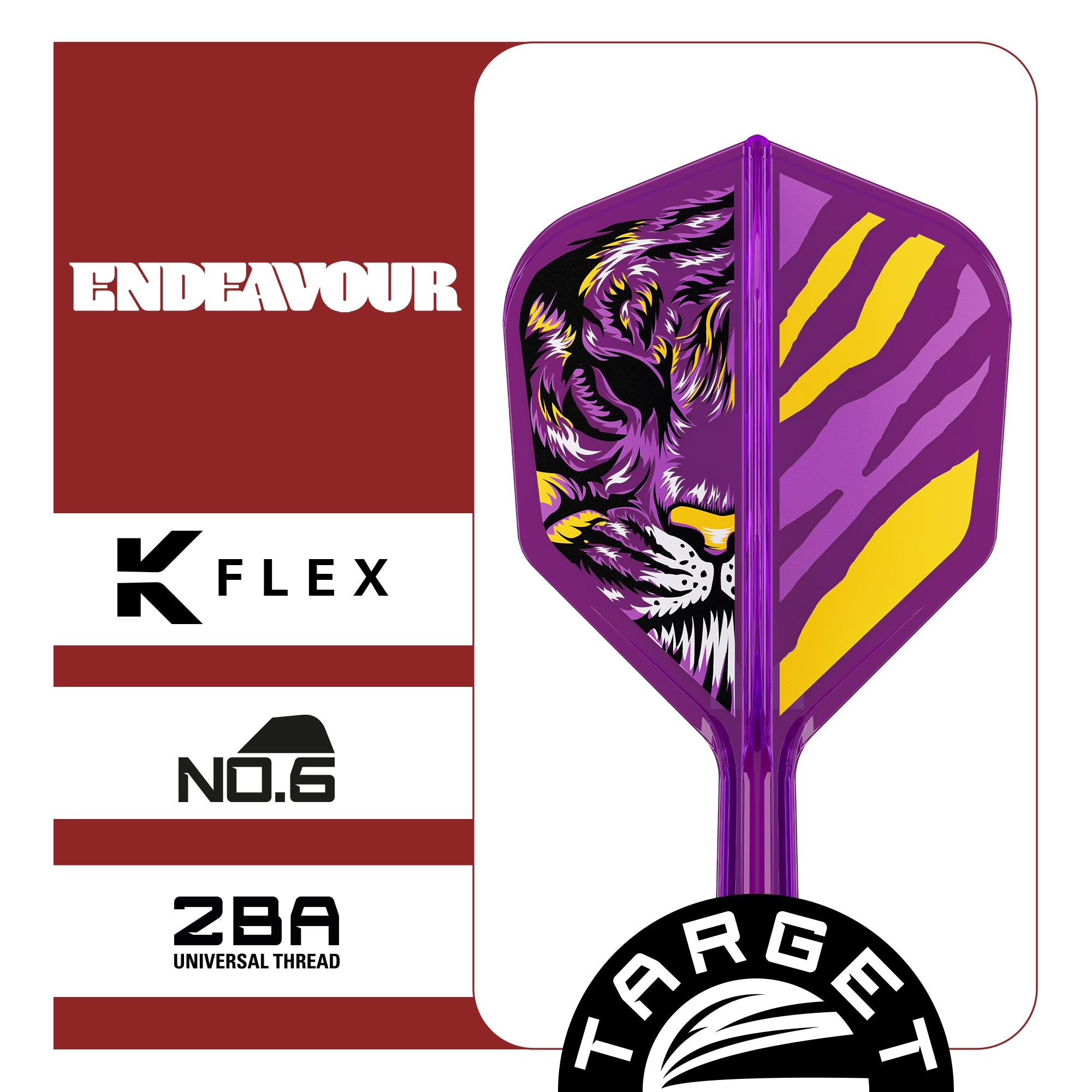 K-Flex No.6 Flight & Shaft Endeavour Purple dart flight with tiger design on a white background, featuring 'Endeavour', 'K Flex', 'Target' branding.