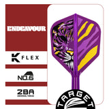 K-Flex No.6 Flight & Shaft Endeavour Purple dart flight with tiger design on a white background, featuring 'Endeavour', 'K Flex', 'Target' branding.