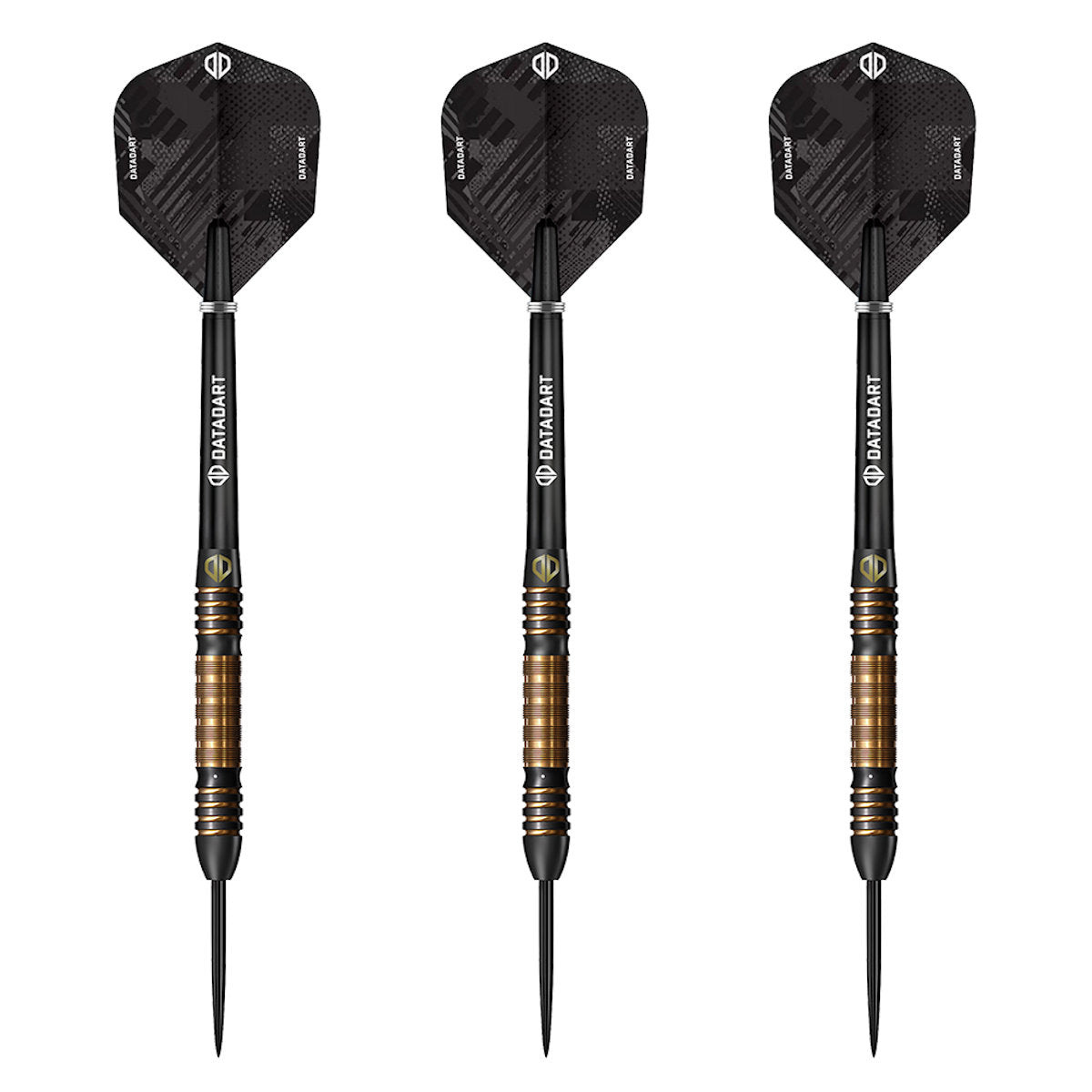 Datadart Ethereal 90% Tungsten Three black darts with gold accents on a white background