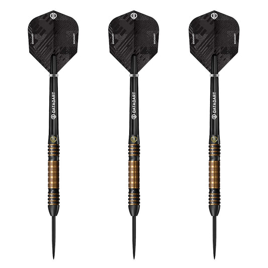 Datadart Ethereal 90% Tungsten Three black darts with gold accents on a white background