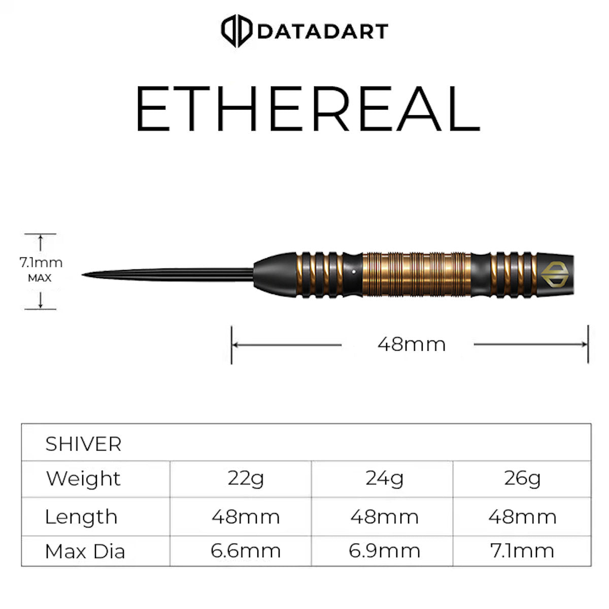 Datadart Ethereal dart with measurements and specifications on a white background