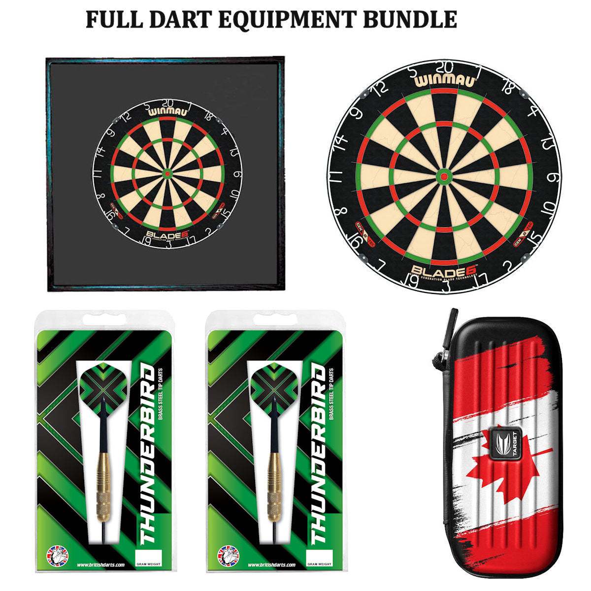 Complete dart equipment bundle with Winmau Blade 6 dartboard, black wood surround, Thunderbird brass darts, and Canadian flag dart case
