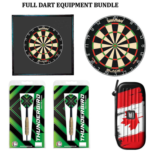 Complete dart equipment bundle with Winmau Blade 6 dartboard, black wood surround, Thunderbird brass darts, and Canadian flag dart case