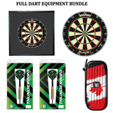 Complete dart equipment bundle with Winmau Blade 6 dartboard, black wood surround, Thunderbird brass darts, and Canadian flag dart case