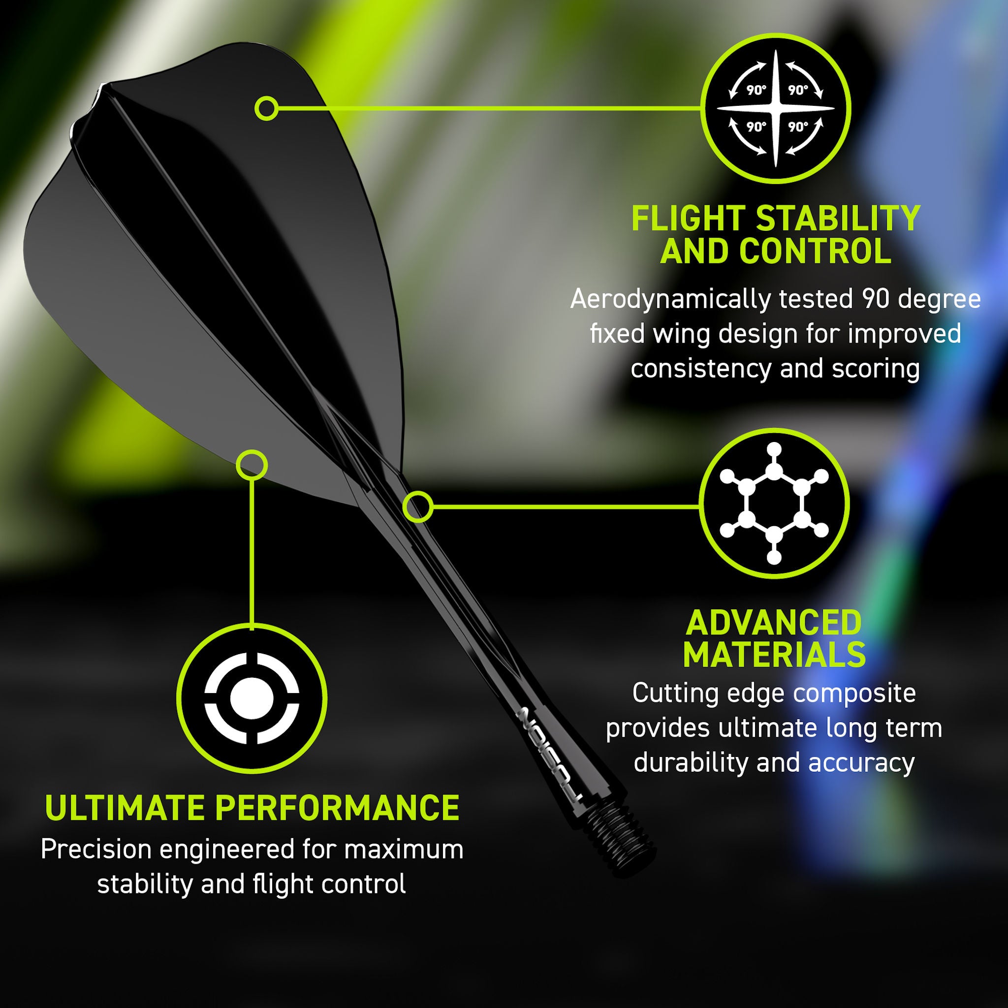 Black dart with text highlighting flight stability, control, and performance on a blurred background