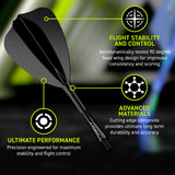 Black dart with text highlighting flight stability, control, and performance on a blurred background