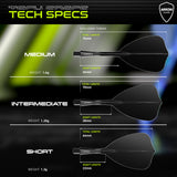 Technical specifications of different paddle blade sizes with measurements and weights on a dark background.