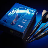 Blue dart packaging with darts on a dark background