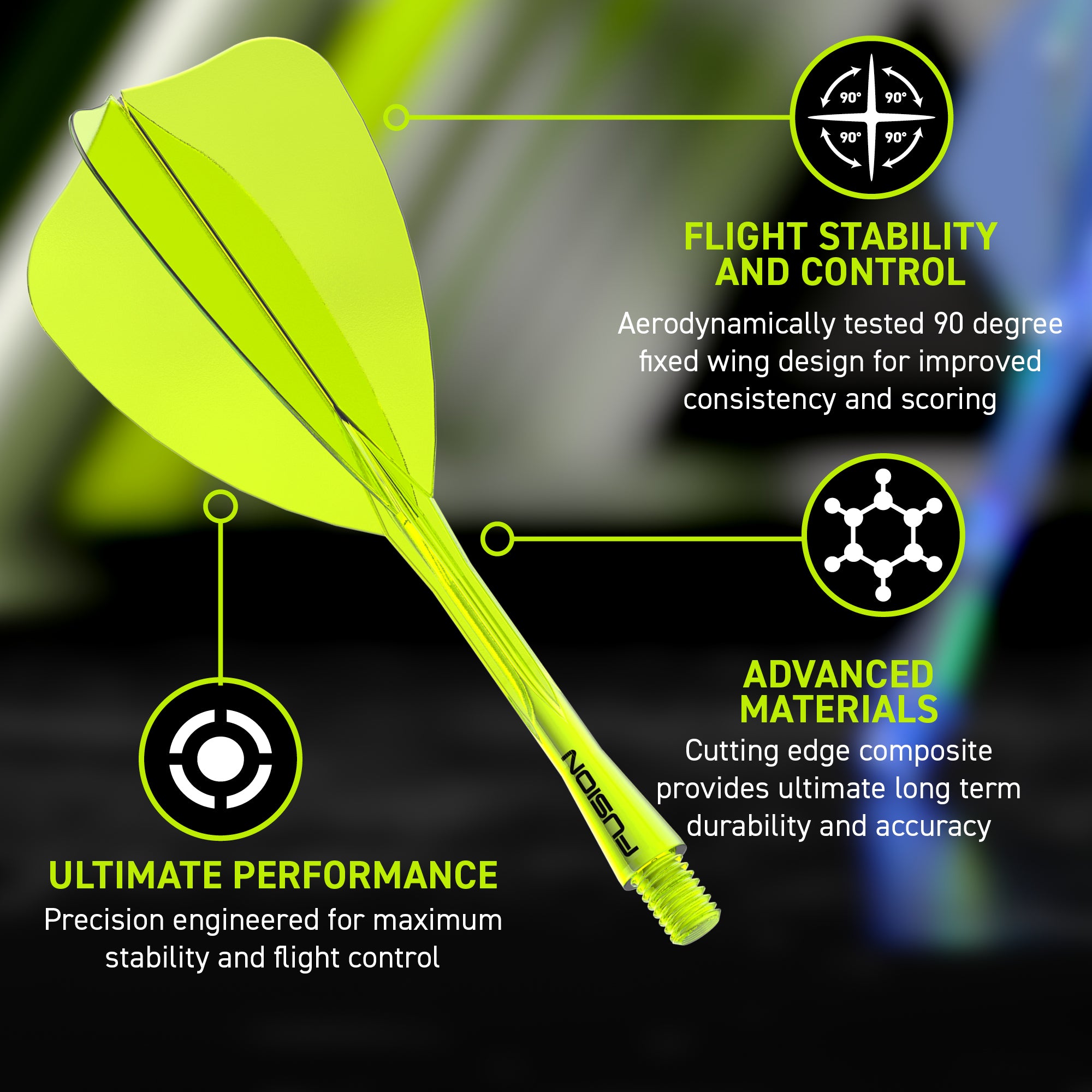 Yellow FUSION ARROWHEAD FLIGHT  with text highlighting flight stability, control, and performance on a blurred background