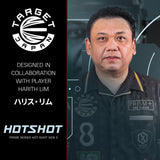 Harith Lim wearing a branded shirt with 'Target Japan' and 'Hotshot' logos on a dark background.