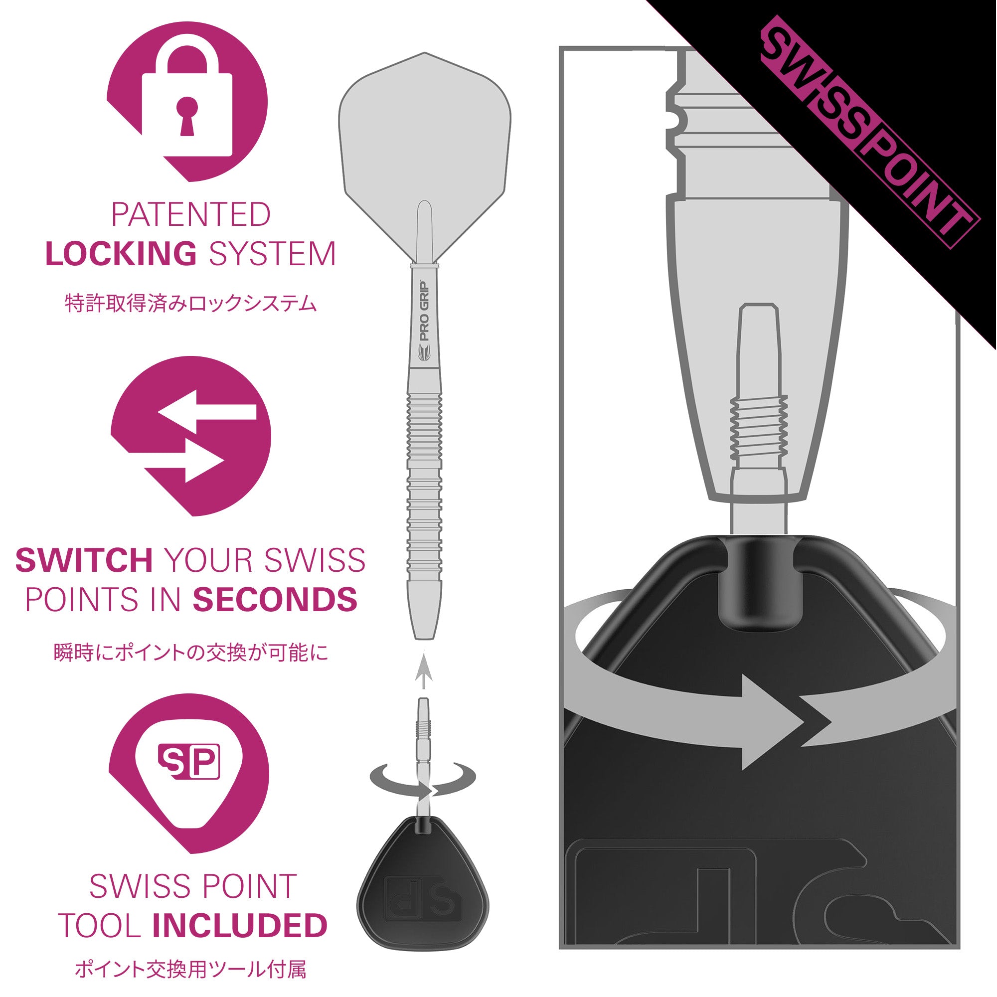 Swiss Point dart system with patent lock feature and switch mechanism on a white background.