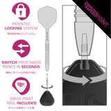 Swiss Point dart system with patent lock feature and switch mechanism on a white background.