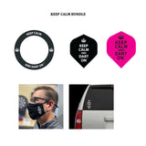 Collection of 'Keep Calm and Dart On' merchandise including a mask, car decal, and dart flights.