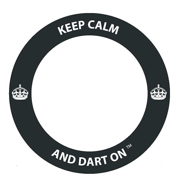 Black circular sign with 'Keep Calm and Dart On' text on a white background