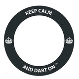 Black circular sign with 'Keep Calm and Dart On' text on a white background