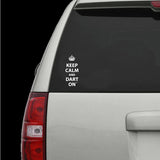 Car with a decal on the back window that says 'Keep Calm and Dart On'.