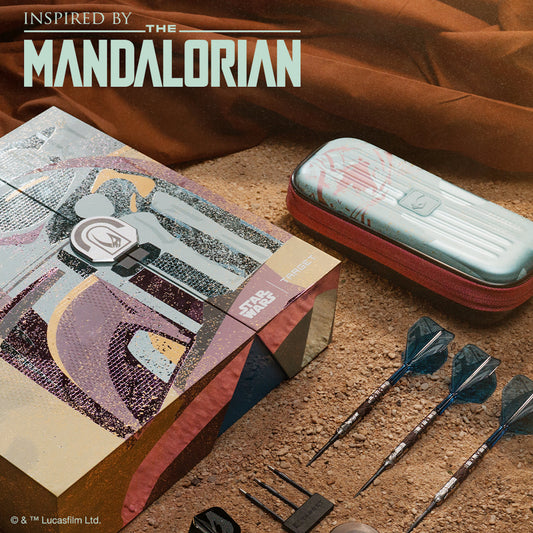 Product packaging inspired by 'The Mandalorian' with darts and case on a textured surface.
