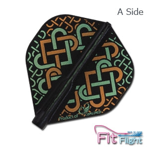 Black dart flights with green and orange geometric pattern on Side A