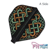 Black dart flights with green and orange geometric pattern on Side A