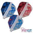 Three dart flight shapes with blue and red designs designed for Masaki Oshiro
