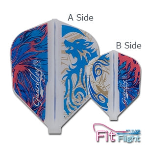 Two dart flights with blue and red design showing side A & B