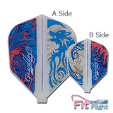 Two dart flights with blue and red design showing side A & B