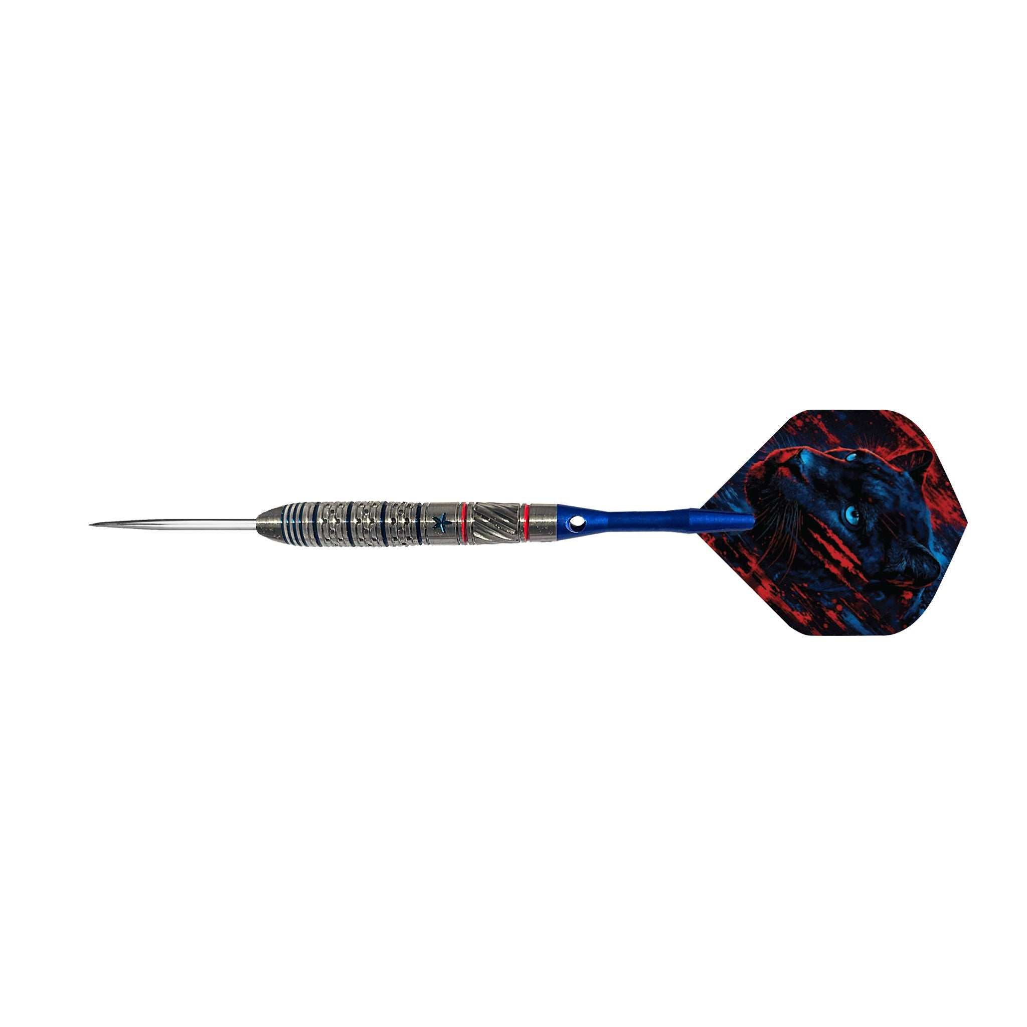 Panthera 90% Tungsten single dart with a metallic silver barrel, blue shaft, and a marbled red and black flight, shown horizontally against a plain white background.