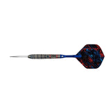 Panthera 90% Tungsten single dart with a metallic silver barrel, blue shaft, and a marbled red and black flight, shown horizontally against a plain white background.