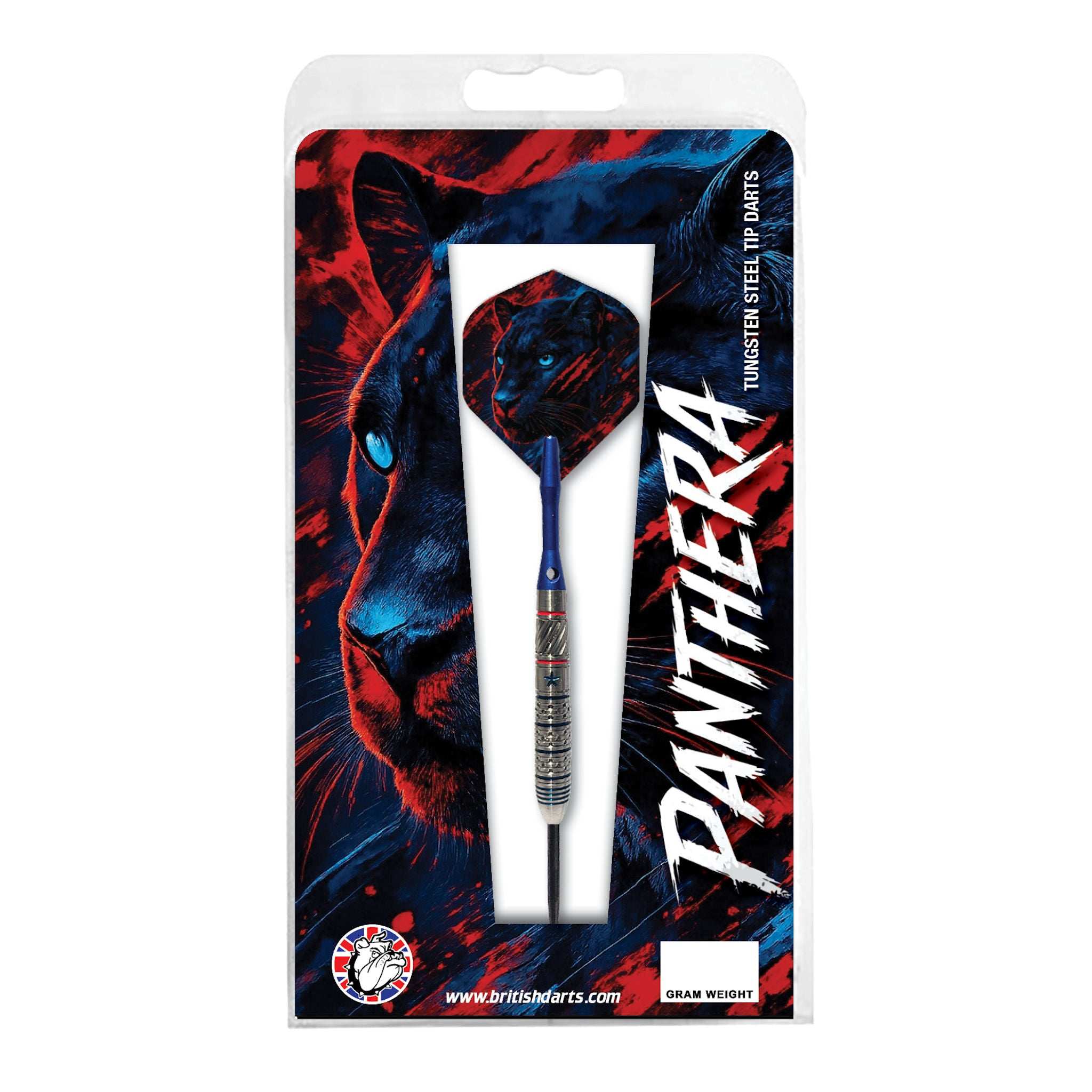 Panthera 90% Tungsten Darts. The product features a blue and silver dart  mounted on a backing card with a stylized panther graphic and the brand name 'PANTHERA' in large white text.