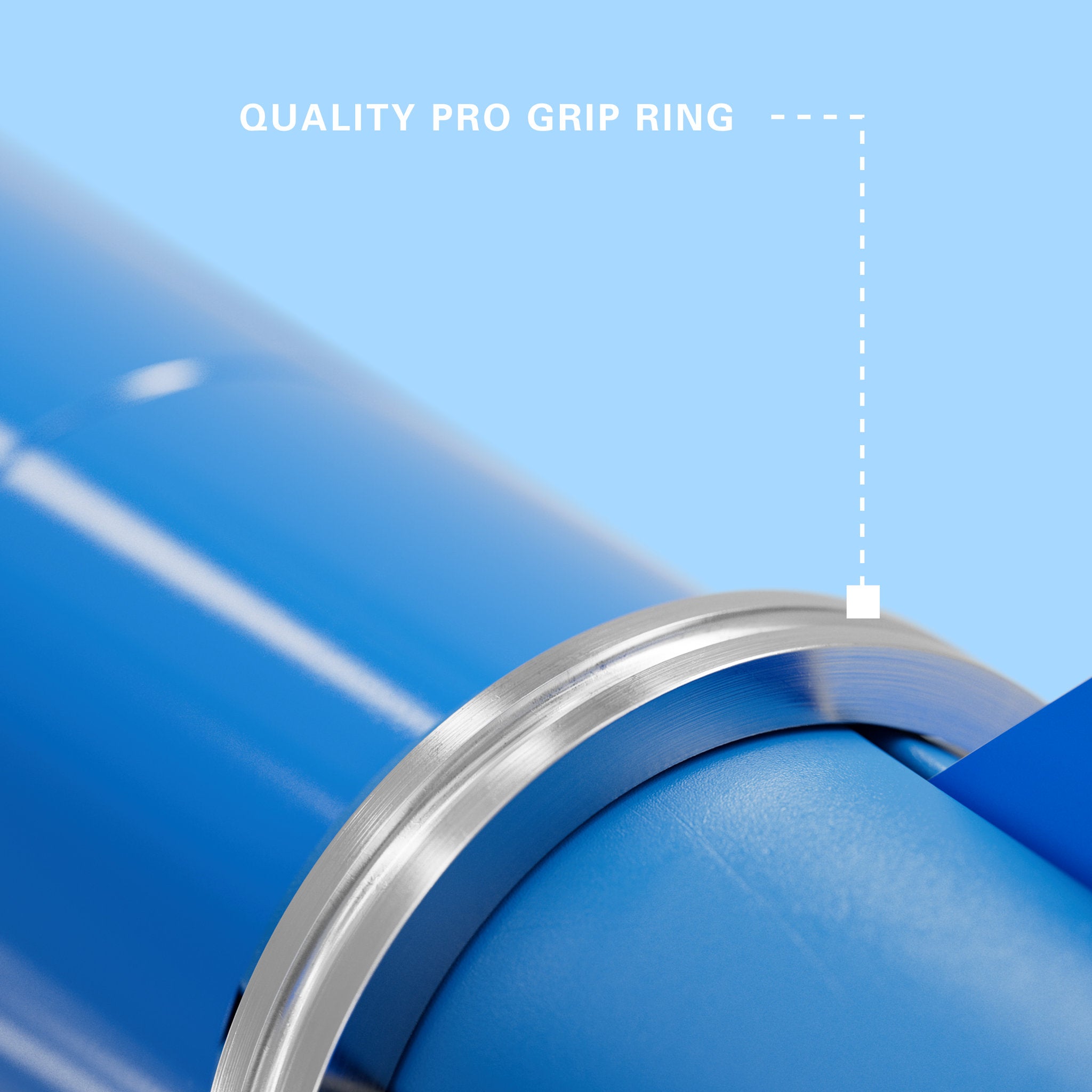 Close-up of a blue pro grip shaft with a silver grip ring on a light blue background, labeled 'QUALITY PRO GRIP RING'.