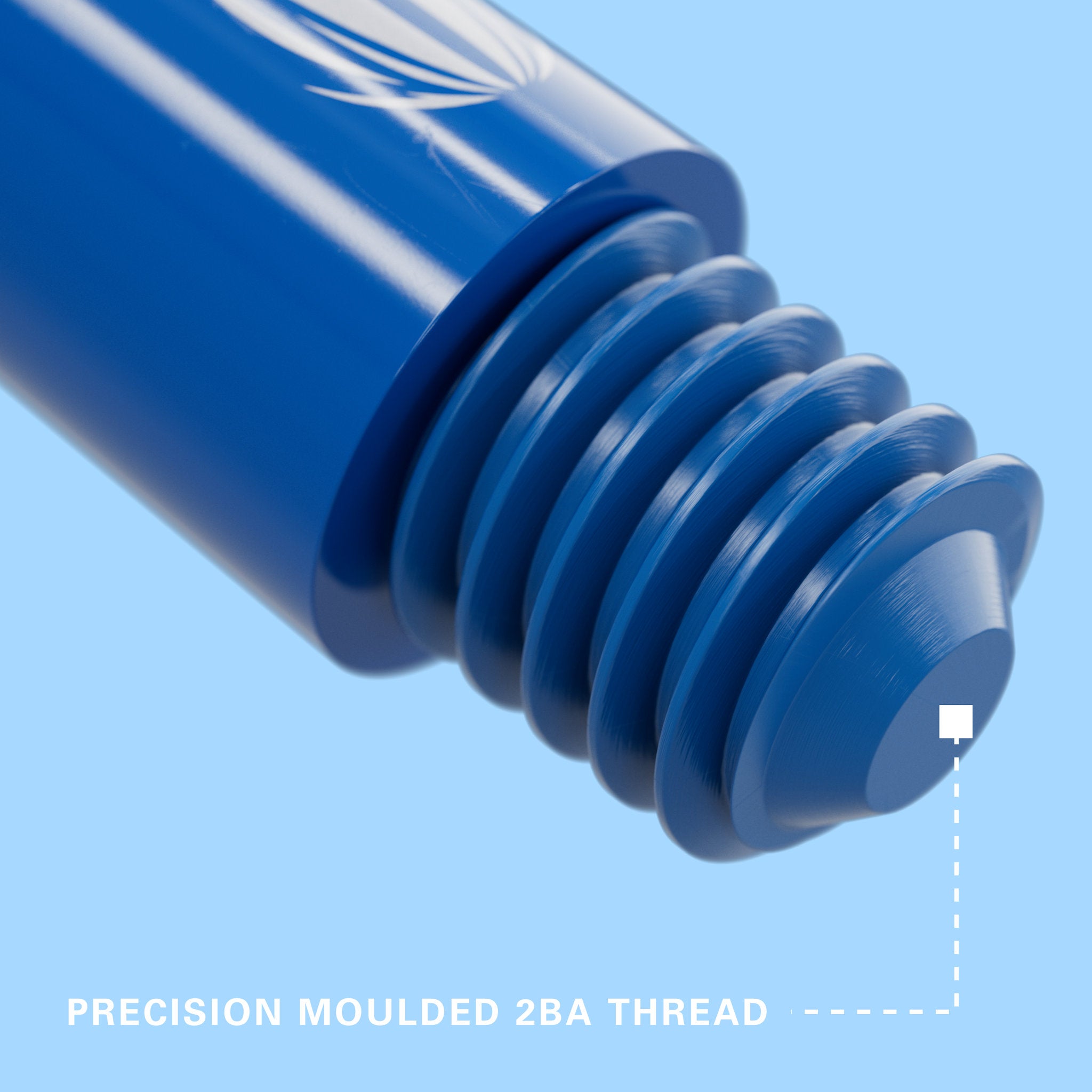 Close-up of a blue threaded component with 'PRECISION MOULDED 2BA THREAD' text on a light blue background.