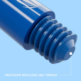 Close-up of a blue threaded component with 'PRECISION MOULDED 2BA THREAD' text on a light blue background.