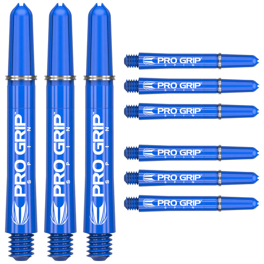 Nine Blue Pro Grip darts with shafts and flights on a white background