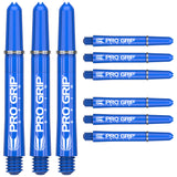 Nine Blue Pro Grip darts with shafts and flights on a white background
