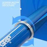 Blue dart shaft with 'Grip' branding and text about spinning motion reducing dart deflections on a blue background.