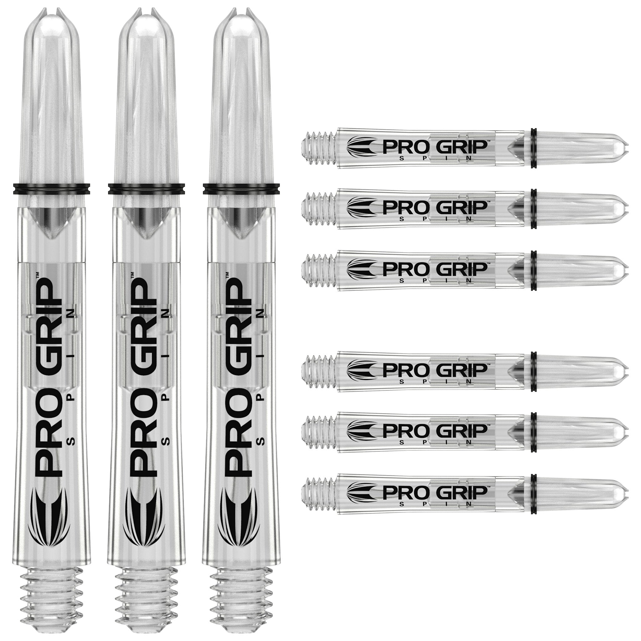 Nine Pro Grip darts with clear shafts and black branding on a white background