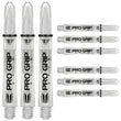 Nine Pro Grip darts with clear shafts and black branding on a white background