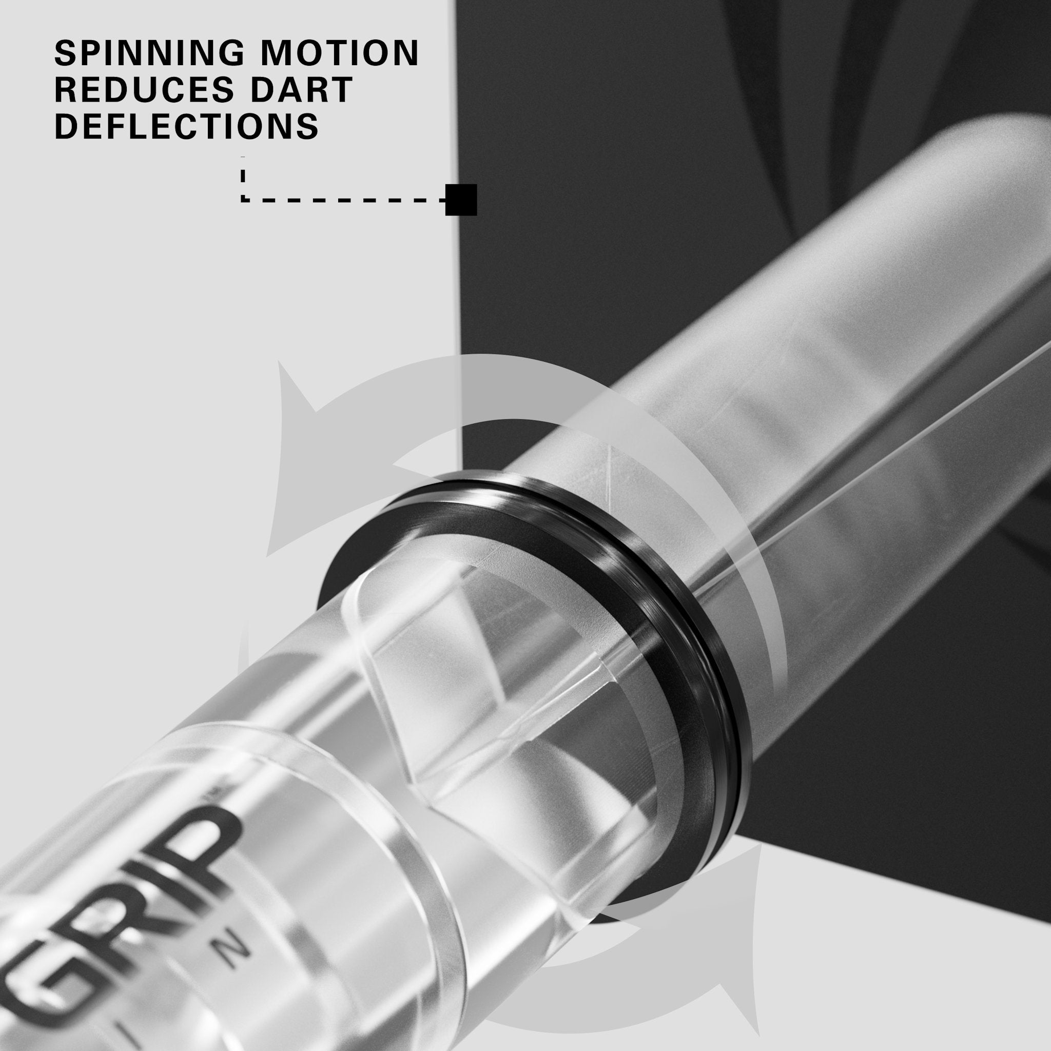 Close-up of a dart shaft with 'Grip' branding and text about spinning motion reducing deflections on a gray background.
