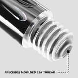 Close-up of a precision moulded 2BA thread on a metallic object with a gray background.