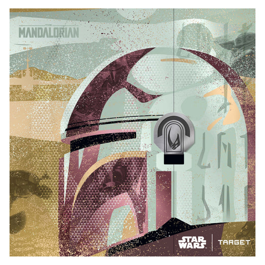 Decorative panel with 'The Mandalorian' design featuring a helmet and landscape, with 'Star Wars' branding is the packaging for STAR WARS™ Mandalorian 95% SP Darts