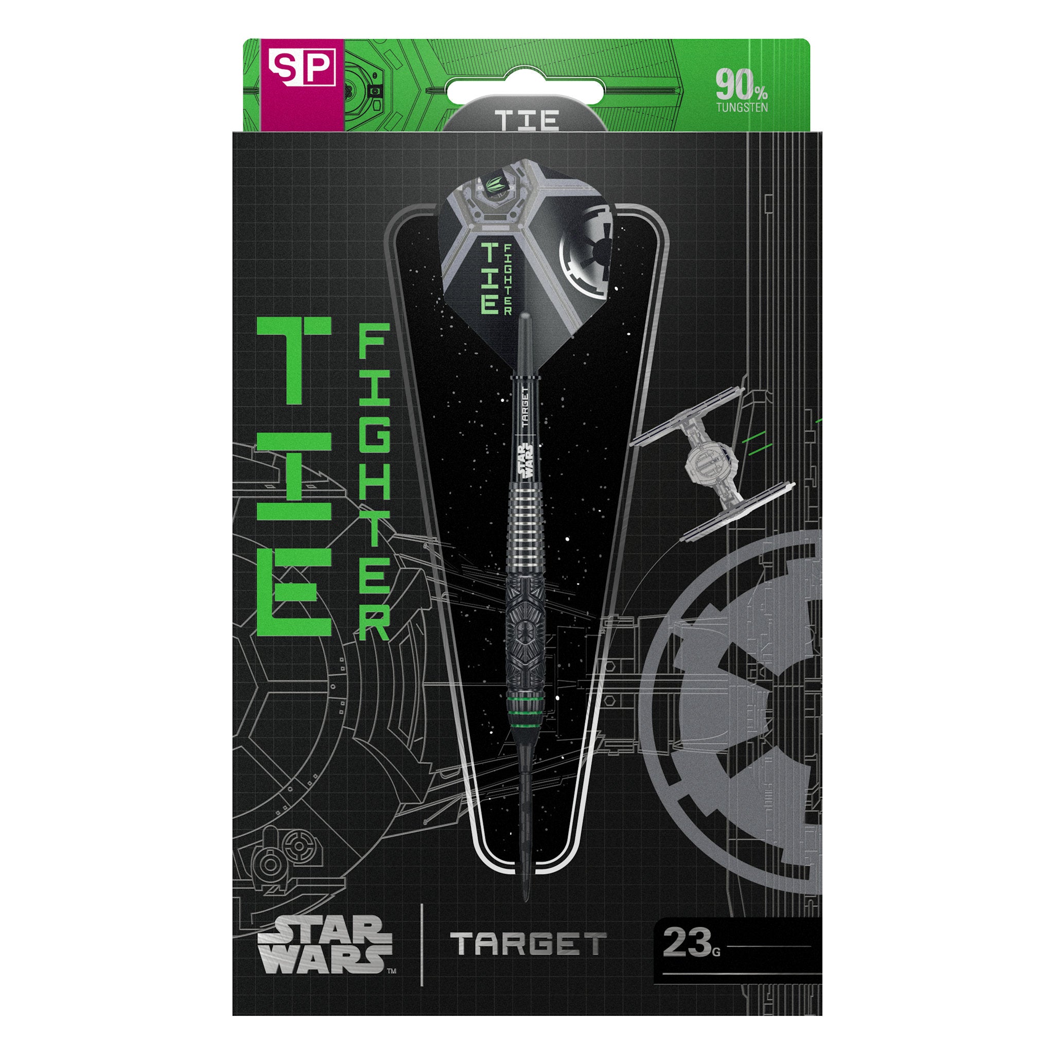 Star Wars-themed dart set packaging with 'TIE Fighter' design on a black background