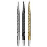 Swiss RVE Points shown vertically on a plain white background, in silver, dark gray, and gold finishes with textured feather-like patterns near the top and threaded bases.