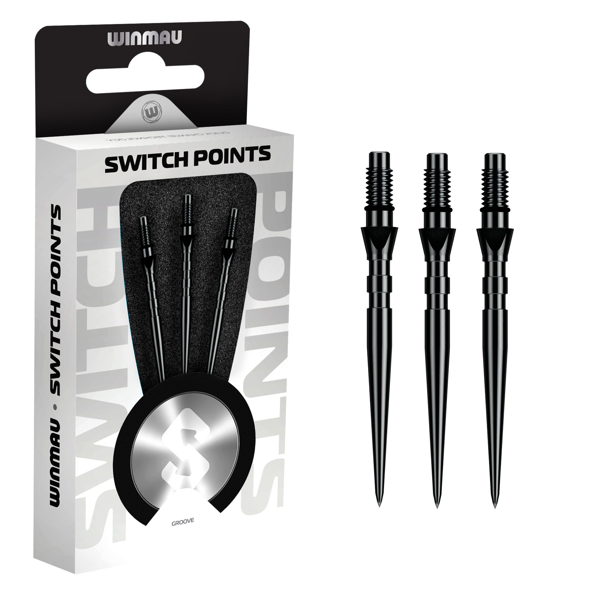 Winmau switch points packaging with three black points on a white background