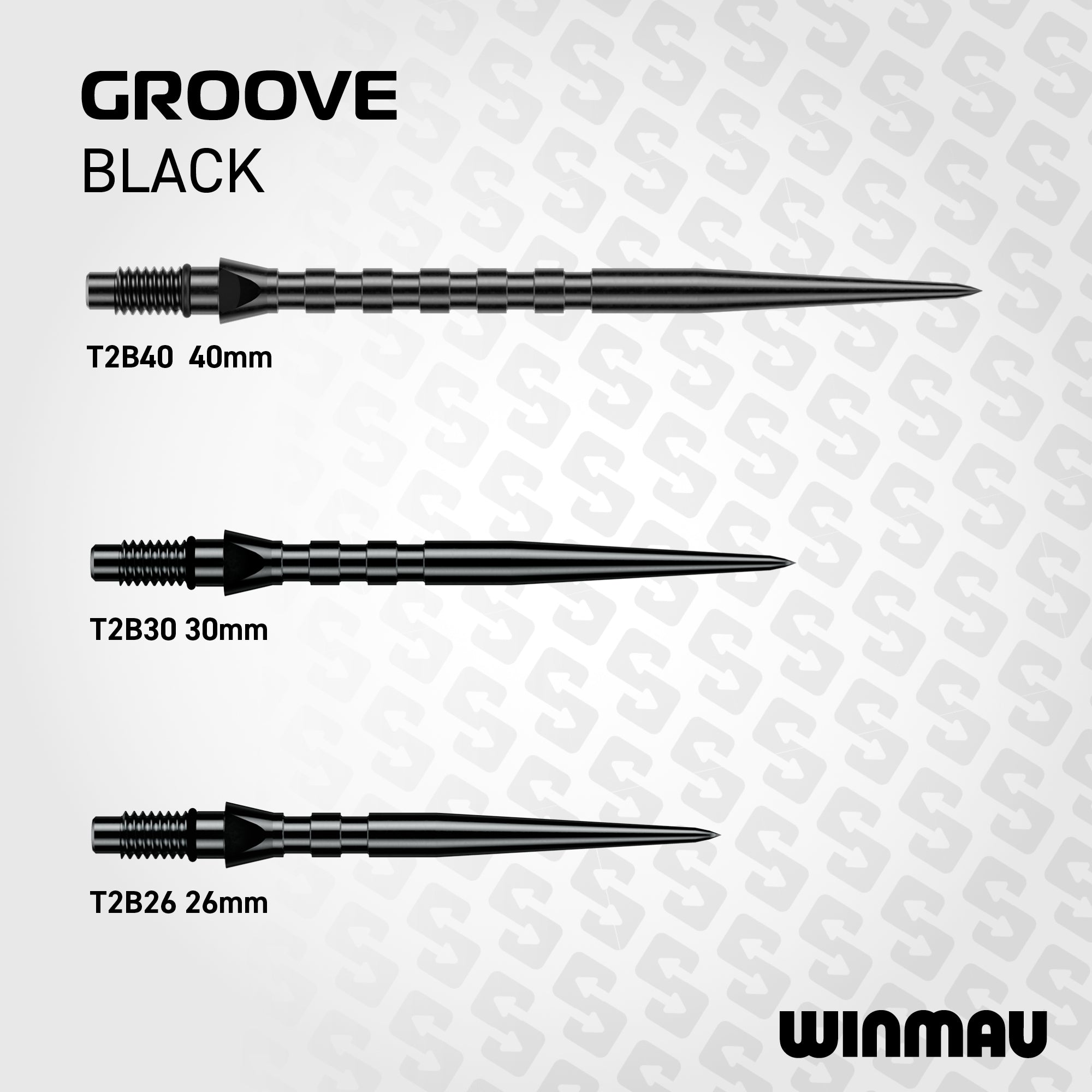 Winmau Switch Points Groove Black varying lengths on a white background, featuring the Winmau brand.