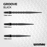 Winmau Switch Points Groove Black varying lengths on a white background, featuring the Winmau brand.