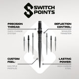 Switch Points dart system with features highlighted on a white background